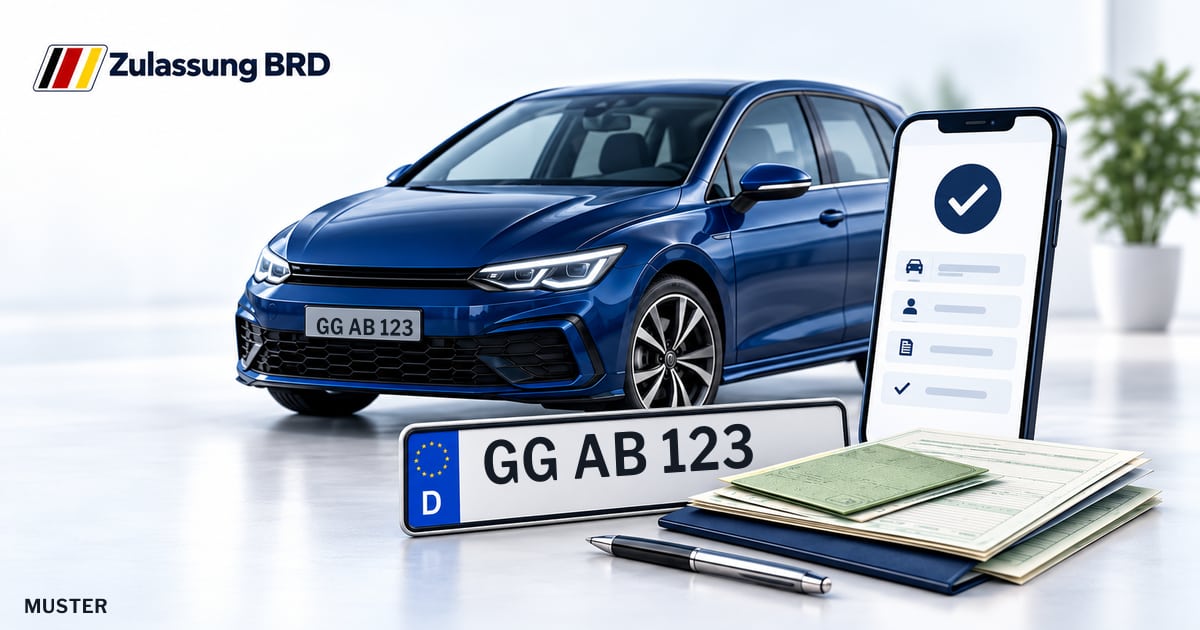 Online Fahrzeugzulassung in Riedstadt: Musterkennzeichen GG AB 123, Auto und Fahrzeugpapiere und Smartphone. Illustration mit Logo von Zulassung BRD.